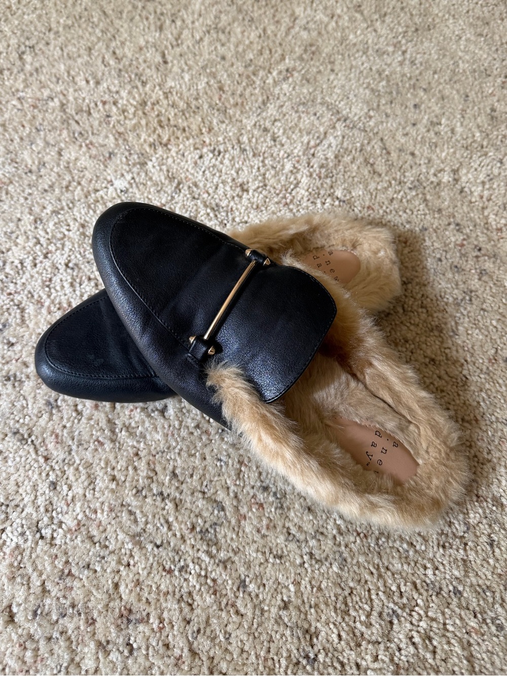 Black Faux Leather Fur-Lined Slide Loafers